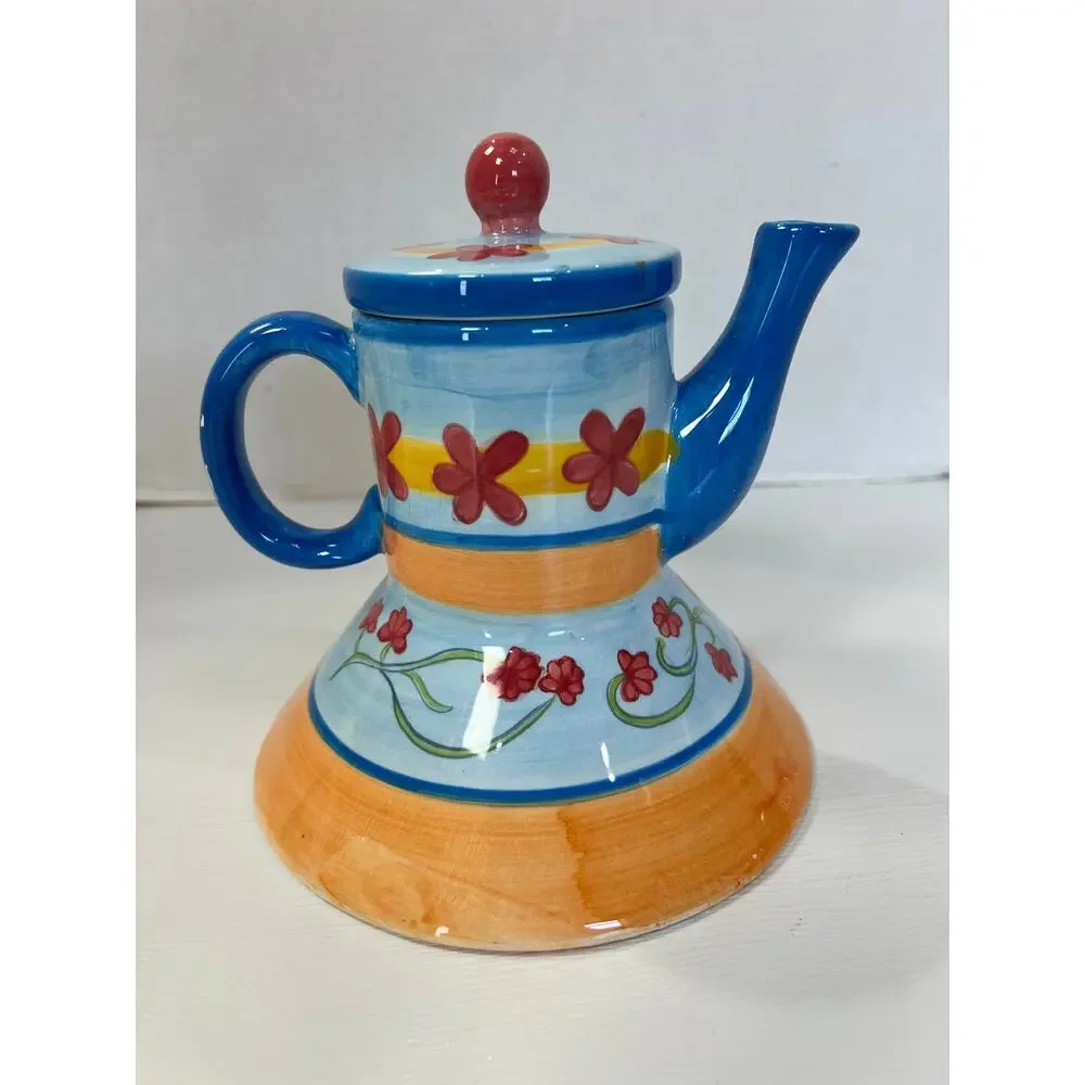 Vintage I Godinger & Co Floral Hand Painted Ceramic Teapot Blue Orange Whimsical